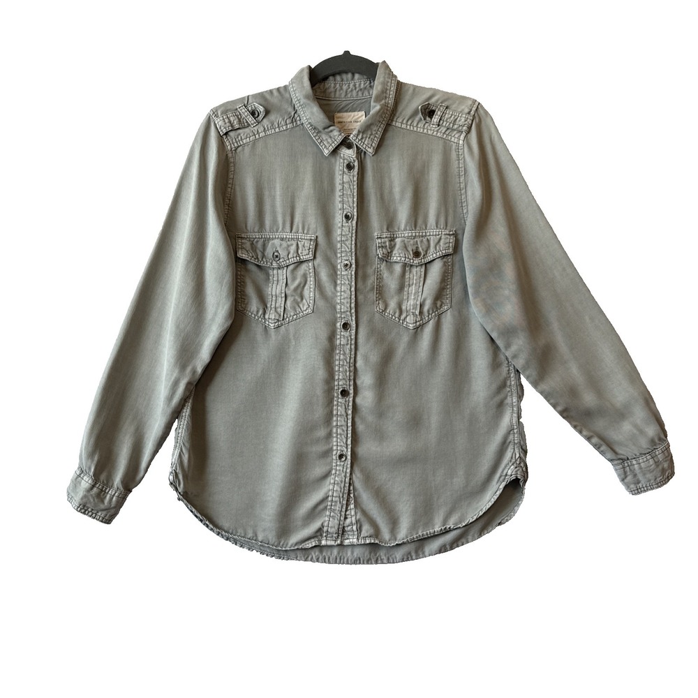 AE Boyfriend Utility Washed Sage Green Button Up‎ Shirt M Military Lyocell Soft